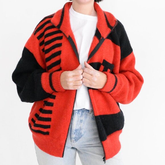 Vintage IB Sport Red Black Block Pattern Fine Knit 48% Mohair Wool Zip Sweater L - Picture 2 of 11